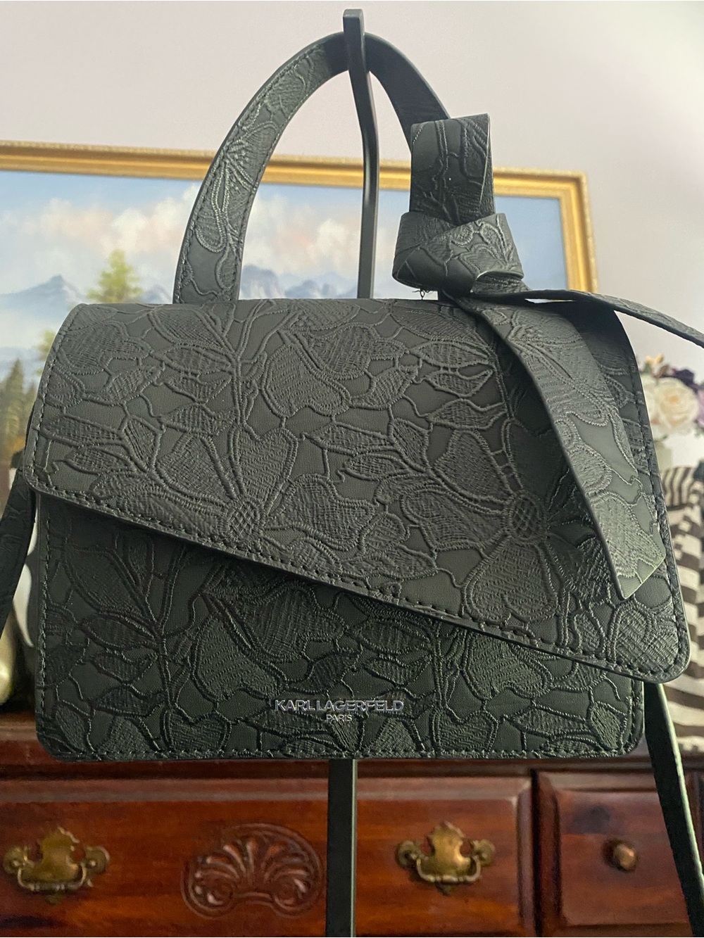 NWOT Karl Lagerfeld Paris Chantelle Crossbody - Black Floral Embossed Lace Bag